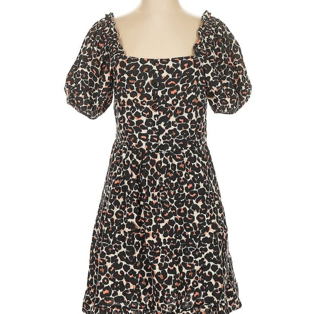Who What Wear Black and Brown Leopard Print Smocked Ruffled Dress size Large NWT